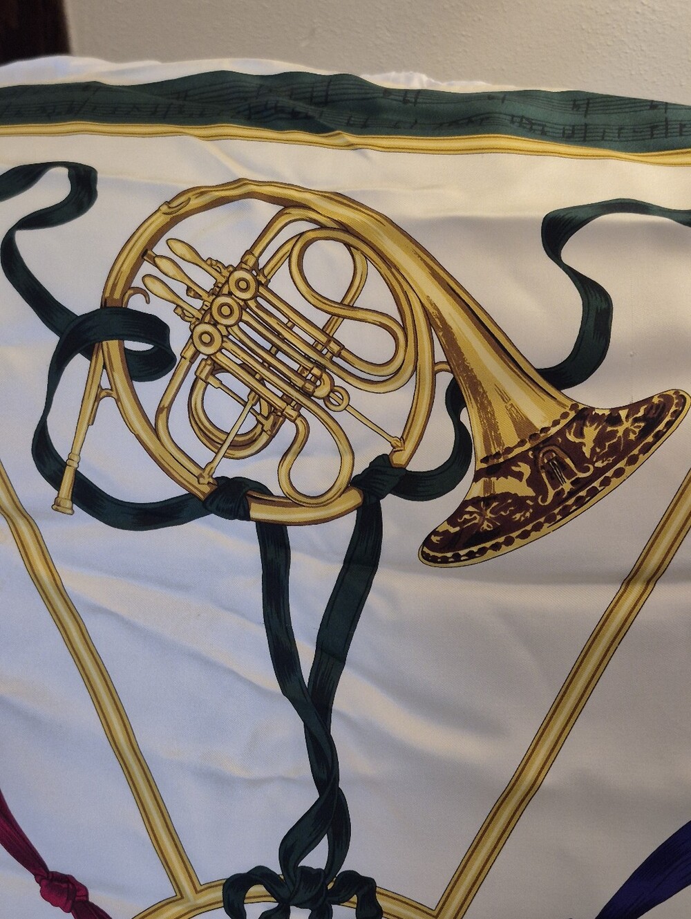 Silk Musical Instruments Print Scarf - Ivory with Navy & Gold Vintage - Picture 3 of 7
